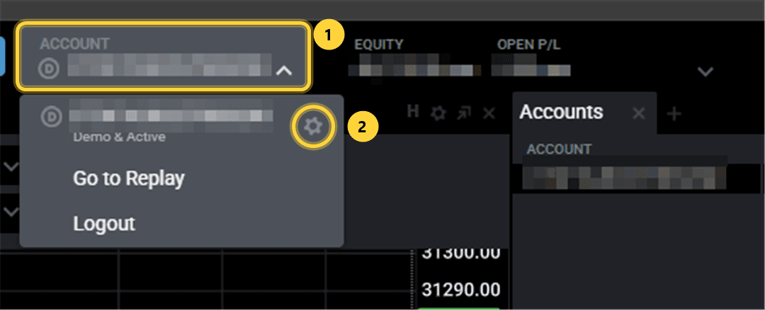 Tradovate account menu: ① the account selector at the top right, ② the gear icon next to the account name. Account numbers and balances are blurred.